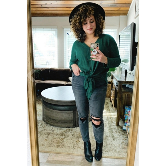 🌸TRENDY WAFFLE TUNIC BLOUSE TIE KNOT - Picture 4 of 4